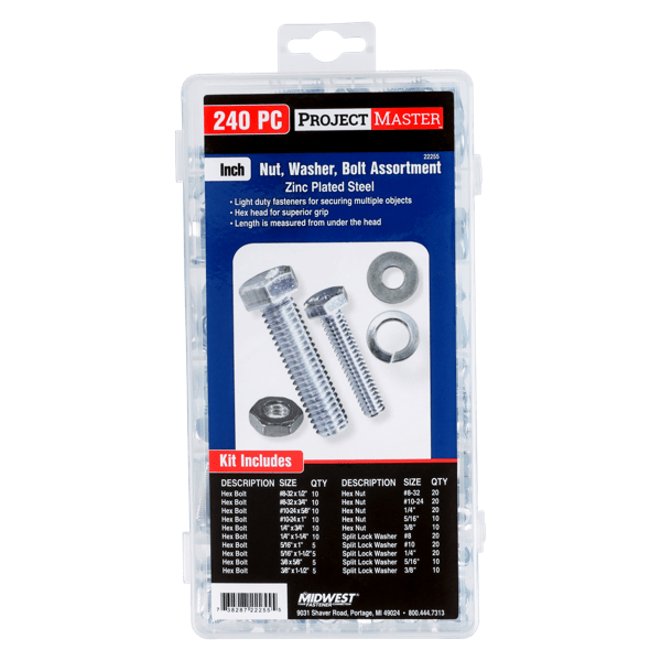 ProjectMaster Inch Nut, Washer, Bolt 240pc Kit