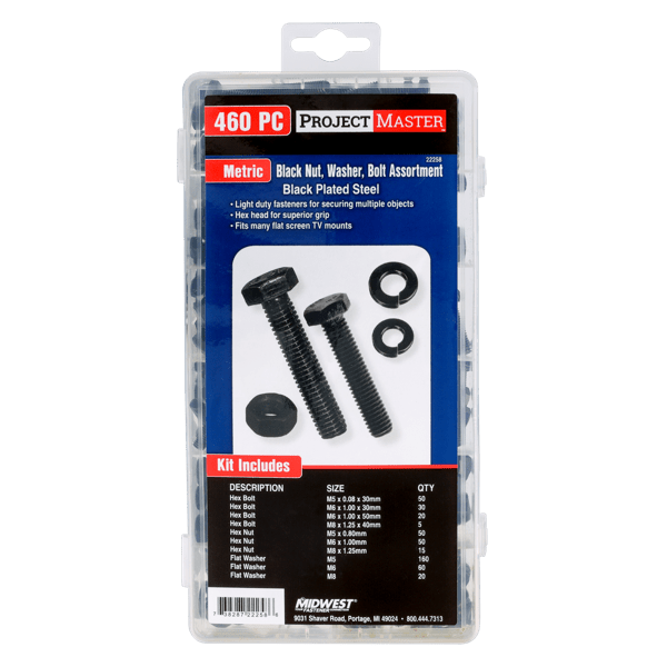 ProjectMaster Metric Black Nut, Washer, Washer, Bolt 460pc Kit