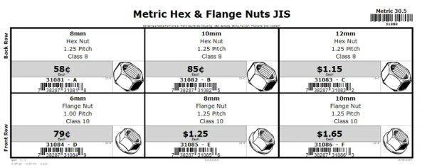 6mm  thru  12mm Class 8 & 10 Metric JIS Hex and Flange Nut Assortment